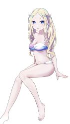 Rule 34 | 1girl, aged up, alternate breast size, beatrice (re:zero), bikini, blonde hair, blue eyes, breasts, butterfly-shaped pupils, camui1104, highres, invisible chair, long hair, looking at viewer, medium breasts, midriff, navel, open mouth, re:zero kara hajimeru isekai seikatsu, sidelocks, sitting, solo, swimsuit, symbol-shaped pupils, thighs, twintails