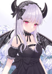 Rule 34 | 1girl, absurdres, bare shoulders, black bow, black dress, black hairband, black sleeves, black wings, bow, breasts, cleavage, collarbone, commentary, demon girl, demon horns, demon wings, detached sleeves, dress, flower, frilled hairband, frills, gradient background, grey background, hairband, highres, horns, long hair, looking at viewer, murur (matsumikoru), original, parted lips, puffy short sleeves, puffy sleeves, purple hair, rose, short sleeves, sleeveless, sleeveless dress, small breasts, solo, upper body, very long hair, white background, white flower, white rose, wings