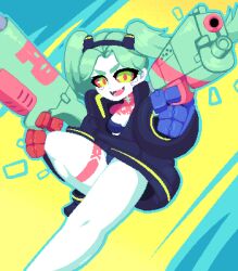 Rule 34 | 1girl, breasts, colored sclera, cyberpunk (series), cyberpunk edgerunners, fang, green eyes, green hair, gun, hair ornament, headband, highres, holding, holding gun, holding weapon, humanoid robot, jacket, looking at viewer, minimilieu, open mouth, oversized clothes, pixel art, rebecca (cyberpunk), red sclera, robot, small breasts, smile, solo, twintails, underwear, weapon