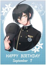 Rule 34 | 1boy, ahoge, black hair, black hat, breast pocket, brown eyes, buttons, danganronpa (series), danganronpa v3: killing harmony, dated, double-breasted, green background, happy birthday, hat, highres, holding, holding clothes, holding hat, jacket, kirin (suzoke 1), long sleeves, looking at viewer, pocket, saihara shuichi, short hair, smile, solo, striped clothes, striped jacket, unworn hat, unworn headwear