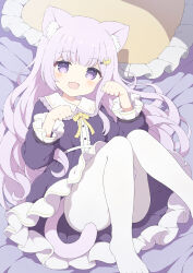 Rule 34 | 1girl, animal ears, cat ears, cat girl, cat tail, chestnut mouth, crescent, crescent hair ornament, dress, fang, hair ornament, highres, lying, on back, on bed, open mouth, original, panties, paw pose, pillow, purple dress, purple eyes, purple hair, skin fang, tail, tyomimas, underwear, variant set, white panties