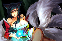 Rule 34 | 1girl, ahri (league of legends), animal ears, black hair, breasts, brown eyes, cleavage, energy ball, facial mark, fox ears, fox tail, highres, korean clothes, large breasts, league of legends, long hair, multiple tails, one eye closed, solo, strawkiwi, tail, whisker markings, wink