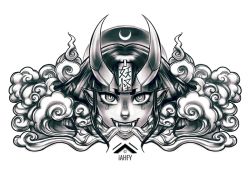 Rule 34 | 1girl, commentary, crescent, demon, demon horns, english commentary, face, facial tattoo, fangs, horns, iahfy, long hair, monochrome, ofuda, oni horns, original, pointy ears, short eyebrows, smoke, solo, symbol-shaped pupils, symmetry, tattoo, white background