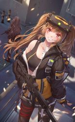 Rule 34 | 2girls, alley, black bra, black gloves, black jacket, black pantyhose, blouse, blush, bra, breasts, brown eyes, brown hair, commentary, dutch angle, english commentary, fingerless gloves, girls&#039; frontline, gloves, grin, gun, h&amp;k ump, hair ornament, hairclip, head-mounted display, highres, jacket, jay xu, leg ribbon, light brown hair, long hair, looking at viewer, medium breasts, mod3 (girls&#039; frontline), multiple girls, off shoulder, one side up, open clothes, open jacket, pantyhose, ribbon, scar, scar across eye, scar on face, shirt, smile, solo focus, sports bra, submachine gun, thigh ribbon, thigh strap, trigger discipline, twintails, ump45 (girls&#039; frontline), ump45 (mod3) (girls&#039; frontline), ump9 (girls&#039; frontline), ump9 (mod3) (girls&#039; frontline), unbuttoned, unbuttoned shirt, underwear, weapon, white shirt
