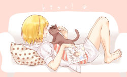 Rule 34 | 1girl, ^ ^, animalization, bare legs, barefoot, blonde hair, blush, book, camisole, cat, closed eyes, couch, haikyuu!!, holding, holding book, hood, hoodie, kiss, kissing nose, kuroo tetsurou, legs together, lying, magazine (object), namo, noses touching, on back, on couch, open clothes, open hoodie, open mouth, pillow, polka dot, polka dot background, sidelocks, smile, solo, striped, striped camisole, yachi hitoka