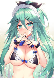Rule 34 | 1girl, bikini, blush, bow, bow bikini, breasts, commentary request, detached collar, green eyes, green hair, hair ornament, hairclip, highres, kantai collection, large breasts, long hair, looking at viewer, maid, maid bikini, maid headdress, parted lips, ringo sui, scrunchie, skindentation, solo, swimsuit, unconventional maid, upper body, wrist scrunchie, yamakaze (kancolle)