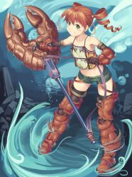 Rule 34 | 1girl, bare shoulders, black thighhighs, blush, boots, brown hair, cancer (zodiac), crop top, drill hair, eichisu, elbow gloves, gloves, green eyes, grin, highres, holding, midriff, original, short shorts, shorts, smile, solo, star (symbol), suspenders, thighhighs, twin drills, weapon, zodiac