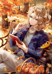 Rule 34 | 1boy, albedo (genshin impact), aqua eyes, artist name, autumn, autumn leaves, basket, blue jacket, blurry, blurry background, buttons, closed mouth, collared shirt, commentary, commission, commissioner name, dappled sunlight, day, english commentary, eyelashes, falling leaves, fylus, genshin impact, grey sweater vest, hair between eyes, half updo, hands up, highres, holding, holding pencil, holding sketchbook, jacket, lantern, lapels, leaf, light brown hair, long sleeves, looking at viewer, male focus, medium hair, open clothes, open jacket, outdoors, pants, parted bangs, pencil, pencil to face, pixiv id, pumpkin, shirt, sidelocks, signature, sketchbook, smile, solo, sunlight, sweater vest, tree, twitter username, watermark, white pants, white shirt, wing collar