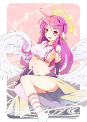 Rule 34 | 10s, 1girl, angel wings, blush, breasts, spiked halo, feathered wings, halo, highres, jibril (no game no life), kutata, long hair, low wings, magic circle, midriff, navel, no game no life, open mouth, pink hair, sideboob, smile, socks, solo, striped clothes, striped legwear, striped socks, white wings, wings