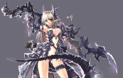 Rule 34 | 1girl, arm up, black eyes, bow (weapon), breasts, cleavage, demon girl, dress, gauntlets, grey background, horns, huge weapon, large breasts, legs, long hair, original, pointy ears, silver hair, simple background, solo, tail, thigh strap, thighs, weapon, windforcelan