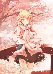 Rule 34 | 1girl, arm warmers, atoki, blonde hair, cherry blossoms, green eyes, hand in own hair, mizuhashi parsee, pointy ears, railing, sash, scarf, shirt, skirt, smile, solo, touhou, tree