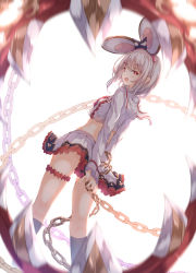 Rule 34 | 1girl, absurdres, animal ears, breasts, chain, cropped shirt, fake animal ears, bear trap, frilled skirt, frills, granblue fantasy, headband, highres, kneehighs, looking at viewer, looking back, mouse ears, mousetrap, red eyes, short hair, skirt, small breasts, smile, socks, solo, thigh strap, ukiwakisen, vikala (granblue fantasy), white hair