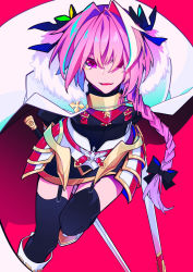 1boy 51olo armor armored_dress astolfo_(fate) bad_id bad_pixiv_id black_bow black_dress black_thighhighs bow braid cloak dress fang fate/apocrypha fate/grand_order fate_(series) full_body fur-trimmed_cloak fur_trim gauntlets gorget hair_bow hair_intakes happy highres long_braid long_hair long_sleeves male_focus multicolored_hair open_mouth pink_background pink_hair puffy_sleeves purple_eyes shoes simple_background single_braid smile solo streaked_hair sword thighhighs trap weapon white_cloak white_thighhighs