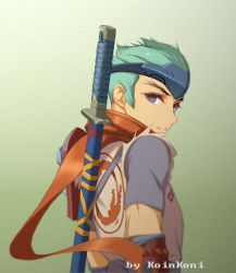 Rule 34 | 1boy, aged down, artist name, blue eyes, forehead protector, genji (overwatch), gradient background, green hair, katana, looking at viewer, looking back, male focus, overwatch, overwatch 1, parted lips, qingchen (694757286), red scarf, scabbard, scarf, sheath, sheathed, shirt, short hair, short sleeves, smile, solo, spiked hair, sword, upper body, vambraces, weapon, weapon on back, young genji