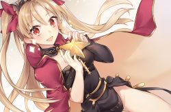 Rule 34 | 1girl, blonde hair, blush, cape, dress, ereshkigal (fate), fate/grand order, fate (series), food, gradient background, lancer (ereshkigal), leotard, long hair, parted bangs, pink eyes, smile, solo, thighs, tohsaka rin, two side up
