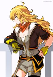 Rule 34 | against railing, ahoge, arm support, blonde hair, breasts, brown jacket, cleavage, cropped jacket, fingerless gloves, gloves, hand on own hip, highres, jacket, large breasts, leaning on object, long hair, mechanical arms, noratanukimaru, open clothes, open jacket, orange scarf, overalls, partially unzipped, profile, prosthesis, railing, rwby, scarf, simple background, single mechanical arm, standing, suspenders, white background, yang xiao long, zipper, zipper pull tab