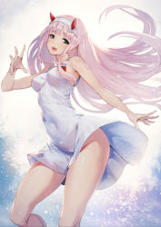 Rule 34 | 10s, 1girl, aqua eyes, bare arms, bare legs, bare shoulders, breasts, covered navel, darling in the franxx, dress, hairband, horns, long hair, looking at viewer, medium breasts, no panties, open mouth, pink hair, raijuu (bakanara), shiny skin, short dress, sleeveless, sleeveless dress, smile, solo, standing, straight hair, white dress, white hairband, zero two (darling in the franxx)