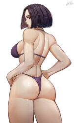 Rule 34 | 1girl, ass, bikini, bra, breasts, dated, dc comics, gelldraws, gem, hand on own hip, highres, large breasts, looking at viewer, looking back, pale skin, purple bikini, purple eyes, purple hair, purple lips, raven (dc), red gemstone, short hair, sideboob, signature, solo, swimsuit, thighs, thong, underwear