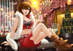 Rule 34 | 1girl, alcohol, ankle boots, boots, bottle, bra, breasts, brown eyes, brown hair, cleavage, cross-laced footwear, feather boa, fringe trim, glass, hamura mayu, high heel boots, high heels, lace-up boots, lingerie, medium breasts, meiko (vocaloid), midriff, short hair, sitting, solo, underwear, vocaloid, wine