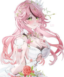 1girl bare_shoulders blush dress flower gloves green_eyes hand_up highres lan_(ivory_bloom)_(tower_of_fantasy) lan_(tower_of_fantasy) looking_at_viewer pink_hair rose simple_background solo solo_focus tower_of_fantasy uriuritei wedding_dress white_background white_dress white_gloves