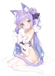 Rule 34 | 1girl, adapted costume, animal ear fluff, animal ears, azur lane, bare shoulders, black bow, black ribbon, blue eyes, blush, bow, cat ears, cat girl, cat tail, closed mouth, commentary request, detached sleeves, full body, hair bun, hair ribbon, head tilt, highres, kemonomimi mode, kittysuit, leotard, long hair, long sleeves, looking at viewer, mokew, no shoes, nontraditional playboy bunny, hugging object, one side up, purple hair, ribbon, side bun, simple background, single hair bun, single side bun, sitting, sleeves past wrists, solo, stuffed animal, stuffed toy, stuffed winged unicorn, tail, thighhighs, unicorn (azur lane), very long hair, wariza, white background, white bow, white leotard, white sleeves, white thighhighs
