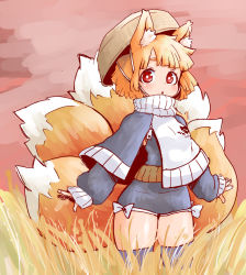 Rule 34 | 1girl, animal ear fluff, animal ears, babalilo, bad id, bad pixiv id, blonde hair, blunt bangs, blush, bright pupils, chin strap, fox ears, fox tail, gradient background, hat, large tail, long sleeves, looking at viewer, multiple tails, open mouth, original, outdoors, outstretched arms, red eyes, solo, stamp, standing, tail, thighhighs, turtleneck, white pupils, zettai ryouiki, zipper