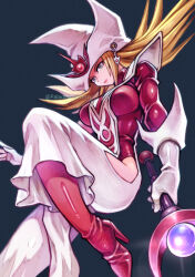 Rule 34 | 1girl, alternate color, artist name, black background, blonde hair, boots, breasts, duel monster, gem, gloves, green eyes, hat, high heel boots, high heels, hip vent, holding, holding scepter, izapara, large breasts, long hair, red footwear, red gemstone, scepter, silent magician, simple background, solo, spiked hair, surcoat, twitter username, white gloves, witch hat, wizard hat, yu-gi-oh!, yu-gi-oh! duel monsters