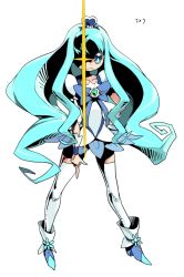 Rule 34 | 1girl, ankle boots, blue eyes, blue hair, blue skirt, blue theme, boots, bow, brooch, cure marine, full body, hair ornament, heart, heart brooch, heartcatch precure!, jewelry, jojo no kimyou na bouken, kurumi erika, long hair, matching hair/eyes, mohammed avdol, moudoku (decopon3rd), one eye covered, parody, precure, shaded face, simple background, skirt, solo, standing, textless version, thighhighs, wavy hair, white background, white thighhighs, wrist cuffs, yes i am!, zettai ryouiki