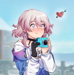 Rule 34 | 1girl, archery shooting glove, artist name, black choker, black gloves, blue eyes, blue jacket, blurry, blurry background, blush, camera, choker, closed mouth, earrings, estherart0, gloves, hair between eyes, heart, heart-shaped pupils, highres, holding, holding camera, honkai: star rail, honkai (series), jacket, jewelry, long sleeves, march 7th (honkai: star rail), medium hair, off shoulder, partially fingerless gloves, pink eyes, pink hair, sidelocks, single glove, solo, symbol-shaped pupils, tied jacket, two-tone eyes