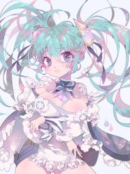 Rule 34 | 1girl, alternate costume, blue eyes, bow, breast hold, breasts, choker, cleavage, contrapposto, cowboy shot, crying, crying with eyes open, detached sleeves, dress, green hair, hair between eyes, hair ribbon, hatsune miku, highres, lace, long hair, medium breasts, neck ribbon, open mouth, puffy sleeves, ribbon, simple background, solo, standing, tears, twintails, vivinos, vocaloid, wavy hair