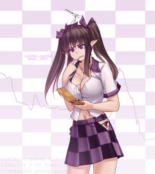 Rule 34 | 1girl, aerial, antenna hair, black bra, black panties, bra, breasts, brown hair, cellphone, checkered background, checkered clothes, checkered skirt, cleavage, earbuds, earphones, earrings, english text, hair ribbon, hat, hater (hatater), highres, himekaidou hatate, hip vent, jewelry, large breasts, long hair, miniskirt, navel, panties, phone, pointy ears, purple eyes, purple ribbon, ribbon, side-tie panties, skirt, solo, tokin hat, touhou, twintails, underwear