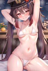 Rule 34 | 1girl, absurdres, arms behind head, arms up, bed sheet, bikini, blush, breasts, brown hair, collarbone, flower, flower-shaped pupils, genshin impact, grin, groin, hat, highres, hu tao (genshin impact), indoors, long hair, looking at viewer, micro bikini, mitomumitomu, navel, night, night sky, porkpie hat, red eyes, shiny skin, sitting, skindentation, sky, small breasts, smile, solo, stomach, swimsuit, symbol-shaped pupils, tassel, tassel hat ornament, teeth, thighs, twintails, vase, very long hair, white bikini, window