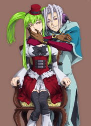 Rule 34 | 00s, 1boy, 1girl, artist request, bow, c.c., chair, code geass, dress, frills, gloves, gothic lolita, green hair, hat, hetero, hug, lolita fashion, long hair, mao (code geass), mini hat, mini top hat, purple eyes, sitting, source request, striped clothes, striped thighhighs, thighhighs, top hat, twintails, white hair, yellow eyes