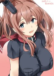 Rule 34 | 10s, 1girl, 2017, artist name, ascot, black dress, blue eyes, breast pocket, brown hair, dated, dress, highres, kamelie, kantai collection, long hair, looking at viewer, one-hour drawing challenge, open mouth, pocket, ponytail, red ascot, saratoga (kancolle), saratoga mk ii (kancolle), side ponytail, solo