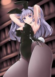 Rule 34 | 1girl, animal ears, armpits, black leotard, bow, bowtie, cowboy shot, dd (ijigendd), detached collar, fake animal ears, fake tail, highres, leotard, looking at viewer, original, pantyhose, playboy bunny, purple eyes, purple hair, rabbit ears, rabbit tail, shiny clothes, smile, solo, strapless, strapless leotard, tail, wrist cuffs