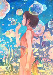 Rule 34 | 1girl, black hair, bubble, blowing bubbles, commentary request, fish, from side, gemi, jellyfish, original, profile, seaweed, short hair, solo, standing, star (symbol), upper body