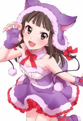 Rule 34 | 1girl, :d, animal ears, blunt bangs, blush, breasts, brown eyes, brown hair, claw pose, commentary request, cowboy shot, detached collar, dress, fang, fingerless gloves, frilled dress, frills, fur trim, gloves, hat, highres, hisami nanami, long hair, looking at viewer, medium breasts, open mouth, purple dress, purple gloves, red ribbon, ribbon, sekina, simple background, smile, solo, wake up girls!, white background