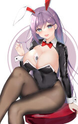 Rule 34 | 1girl, absurdres, ace (playing card), ace of hearts, aeri (closers), animal ears, aqua eyes, between breasts, black leotard, blush, bow, bowtie, breasts, brown pantyhose, card, closers, commentary, covered navel, hand up, heart, highres, large breasts, leotard, long hair, long sleeves, looking at viewer, mole, mole under mouth, nail polish, open mouth, pantyhose, playing card, purple hair, rabbit ears, red bow, red bowtie, red nails, sitting, smile, solo, symbol-only commentary, thighs, usagi poi