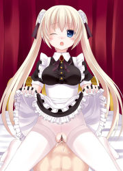 Rule 34 | 1girl, bar censor, blonde hair, blue eyes, censored, clothes lift, ikeda yuuki, long hair, maid, md5 mismatch, no panties, one eye closed, original, pantyhose, sex, skirt, skirt lift, solo focus, torn clothes, torn legwear, twintails, vaginal, wink