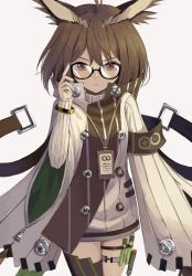 Rule 34 | 1girl, ahoge, arknights, armband, black-framed eyewear, black thighhighs, bracelet, breasts, brown eyes, brown hair, buttons, closed mouth, coat, commentary, cowboy shot, fagi (kakikaki), feather hair, feather hair ornament, feathers, glasses, hair between eyes, hair ornament, holster, jewelry, lanyard, long sleeves, looking at viewer, medium hair, owl ears, rhine lab logo, ribbed sweater, semi-rimless eyewear, silence (arknights), simple background, single thighhigh, small breasts, solo, strap, sweater, test tube, thigh holster, thigh strap, thighhighs, thighs, turtleneck, turtleneck sweater, white background, white coat, white sweater