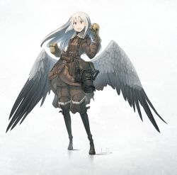 Rule 34 | 1girl, artist name, asterisk kome, bird wings, black footwear, boots, brown coat, camera, coat, commentary, dated, gloves, grey pants, grey wings, gun, handgun, highres, holster, knee boots, long sleeves, looking at viewer, low wings, open mouth, pants, red eyes, signature, silver hair, smile, solo, spread wings, standing, weapon, wind, winged fusiliers, wings, yellow gloves
