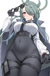 Rule 34 | 1girl, absurdres, black gloves, black necktie, blue archive, breasts, collared shirt, covered navel, unworn eyewear, from below, gloves, green hair, green halo, grey jacket, hair over one eye, halo, high-waist pants, highres, holding, holding removed eyewear, jacket, large breasts, braided hair rings, magazine (weapon), mina (blue archive), necktie, pants, pink eyes, pinstripe jacket, pinstripe pattern, shirt, solo, striped, suiroh (shideoukami), thigh strap, white shirt