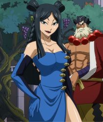 Rule 34 | 1boy, 1girl, black hair, blue dress, blue gloves, breasts, cleavage, dress, elbow gloves, eyeshadow, facial hair, fairy tail, gloves, green eyes, highres, jiemma, large breasts, lips, lipstick, long hair, makeup, minerva orlando, red lips, screencap, standing, stitched, third-party edit
