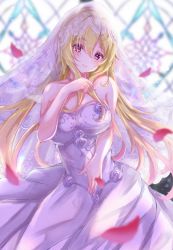 1girl absurdres bad_id bad_pixiv_id bare_arms bare_shoulders blonde_hair blurry blurry_background breasts bridal_veil commentary_request dress hair_between_eyes hair_over_shoulder highres idolmaster idolmaster_cinderella_girls idolmaster_cinderella_girls_starlight_stage jewelry kurosaki_chitose light_particles long_hair looking_at_viewer medium_breasts necklace petals red_eyes sa-ya2 sidelocks sleeveless sleeveless_dress smile solo strapless strapless_dress veil very_long_hair wedding_dress white_dress