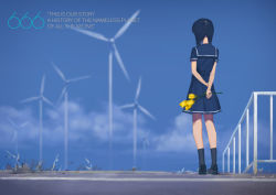 Rule 34 | 1girl, arms behind back, black hair, black legwear, blue sky, blue theme, bouquet, braid, fence, flower, from behind, hjl, letterboxed, machinery, original, outdoors, railing, road, school uniform, sky, solo, standing, twin braids, twintails, wind turbine, windmill