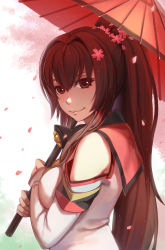 Rule 34 | 10s, 1girl, bare shoulders, breasts, brown eyes, brown hair, cherry blossoms, detached sleeves, female focus, flower, hair flower, hair ornament, highres, kantai collection, large breasts, long hair, long sleeves, looking at viewer, nian (zhanian), oil-paper umbrella, petals, ponytail, shirt, smile, solo, umbrella, upper body, very long hair, yamato (kancolle)