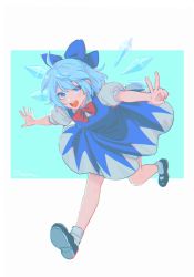 Rule 34 | 1girl, arms up, artist name, black footwear, blue background, blue bow, blue dress, blue eyes, blue hair, border, bow, bowtie, breasts, cirno, collared shirt, dress, eyes visible through hair, grey shirt, grey socks, hair between eyes, hands up, highres, ice, ice wings, looking to the side, medium breasts, noriuma, open mouth, outside border, puffy short sleeves, puffy sleeves, red bow, red bowtie, running, shirt, shoes, short hair, short sleeves, simple background, smile, socks, solo, teeth, tongue, touhou, v, white border, wings