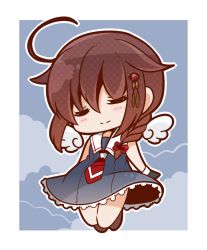 Rule 34 | 10s, 1girl, adapted costume, ahoge, alternate costume, angel wings, black gloves, bloom2425, braid, brown hair, chibi, closed eyes, dress, gloves, hair flaps, hair over shoulder, hair ribbon, kantai collection, necktie, ribbon, sailor dress, shigure (kancolle), shigure kai ni (kancolle), single braid, sleeveless, smile, solo, wings