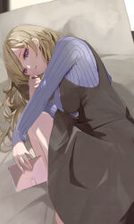 Rule 34 | 1girl, absurdres, black dress, blue eyes, blue sweater, book, breasts, brown hair, dress, fetal position, highres, holding, holding book, jewelry, large breasts, long hair, long sleeves, looking at viewer, lying, on bed, on side, original, parted lips, pillow, pinafore dress, ring, sleeveless dress, smile, solo, sweater, swept bangs, tomura2maru, wedding ring