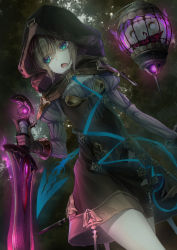 Rule 34 | 1boy, 1girl, androgynous, breasts, brown dress, brown hair, cage, cloak, dress, forest, gloves, green eyes, gretel (sinoalice), hansel (sinoalice), highres, holding, holding sword, holding weapon, hood, hood up, hooded cloak, juliet sleeves, lantern, long sleeves, magic, male focus, nature, open mouth, patterned clothing, puffy sleeves, short dress, short hair, sinoalice, small breasts, sword, thighs, torn clothes, torn dress, trap, weapon, yashiro